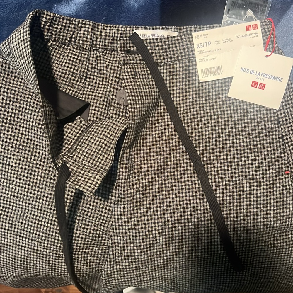 NWT Uniqlo Black Plaid Check Easy Pants Cotton Linen XS Ines De La Fressange - Picture 6 of 6